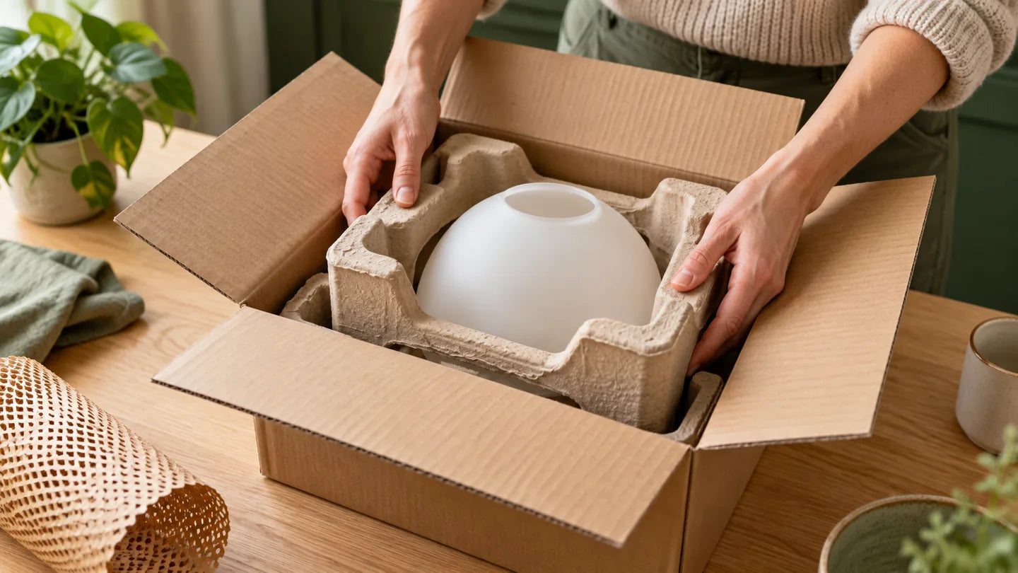 A fictional scene of a parcel being packed with a light fixture globe.