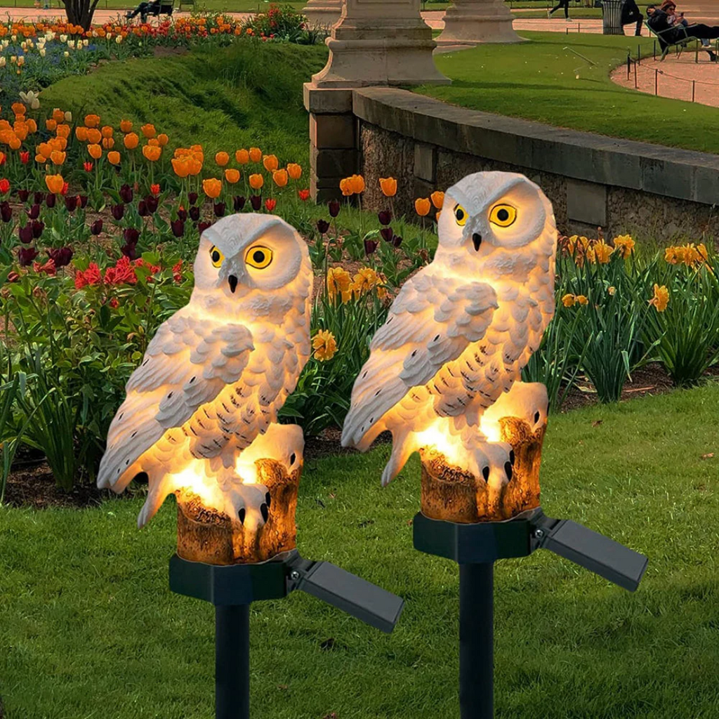 Lampe de jardin solaire – Hibou Design, lumière blanche chaude pour espace extérieur ou terrasse