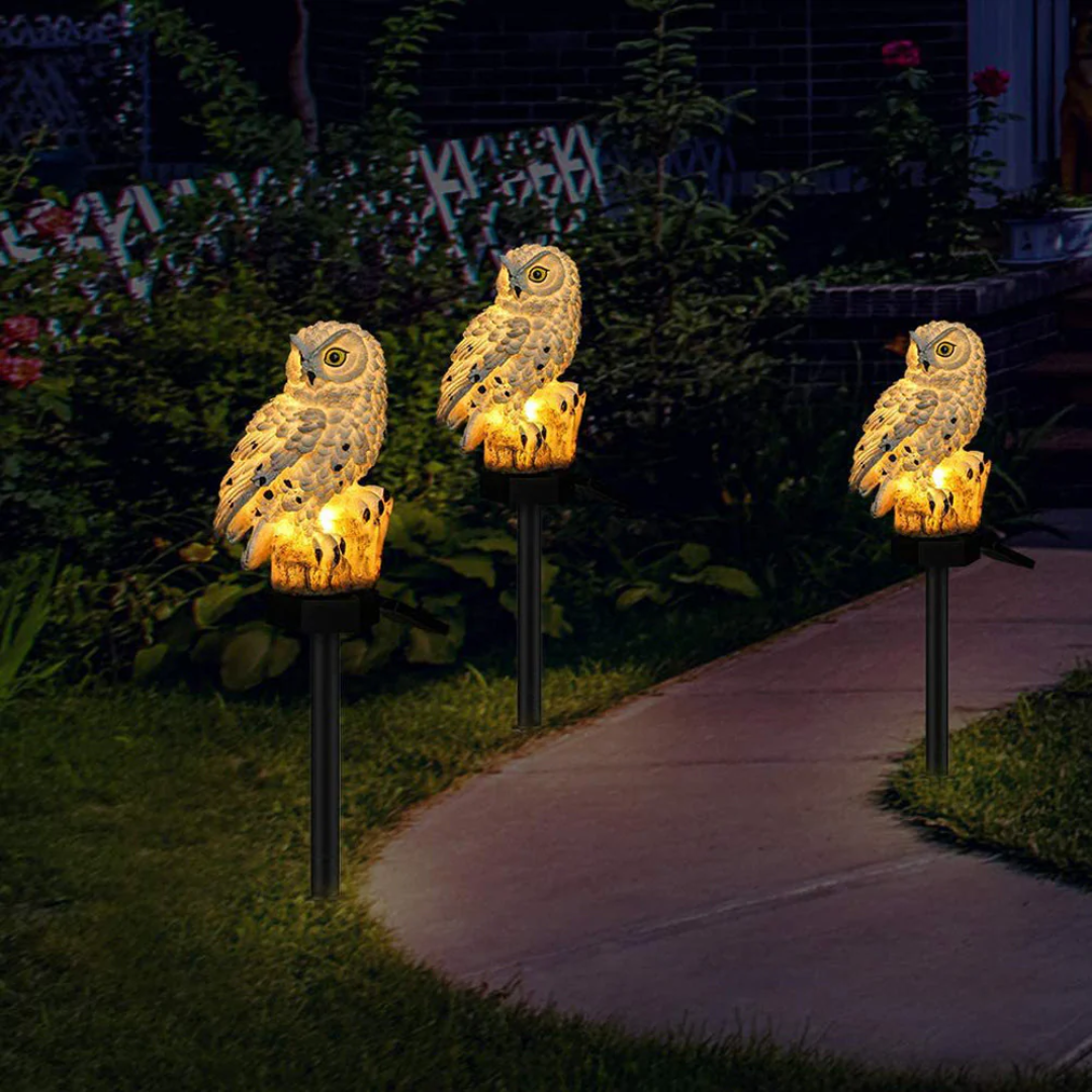 Lampe de jardin solaire – Hibou Design, lumière blanche chaude pour espace extérieur ou terrasse