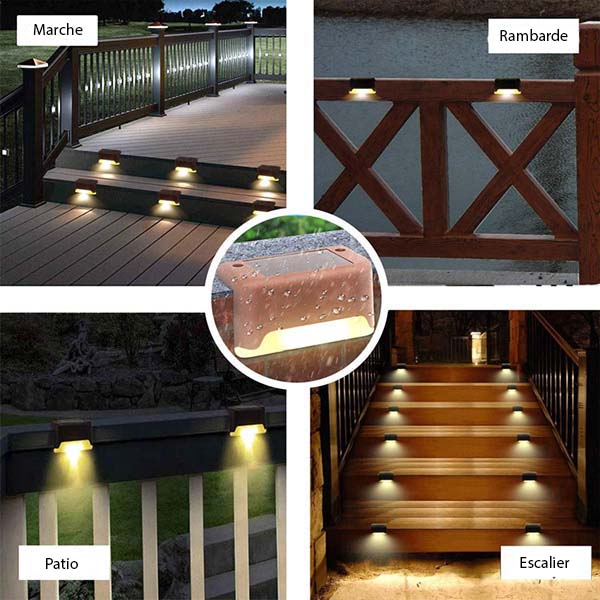Montage des lampes Solstice sur marches, rambarde, terrasse et escalier