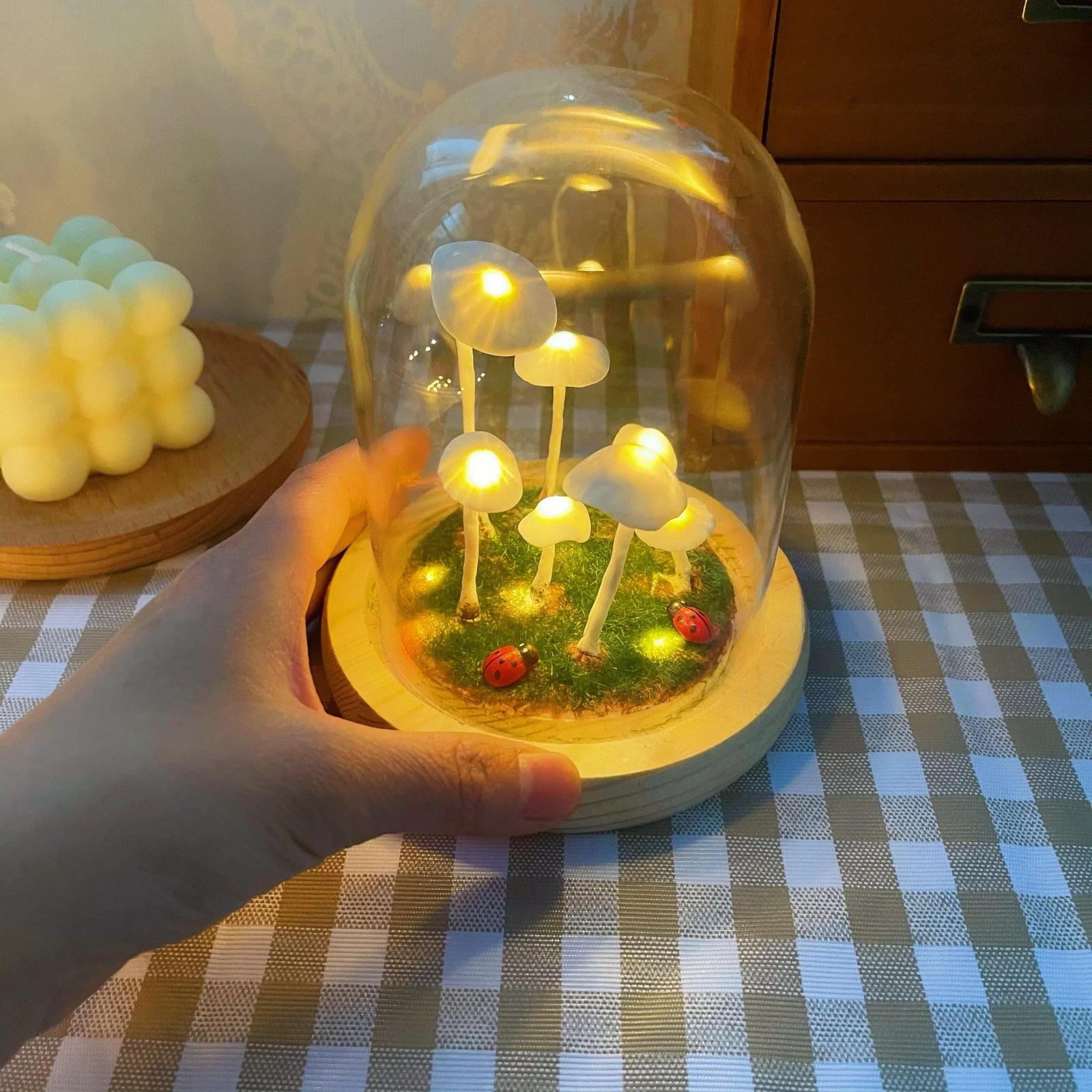 Lampe Champignon DIY – Verre et Bois, Décoration de Table Créative pour le Salon ou la Chambre