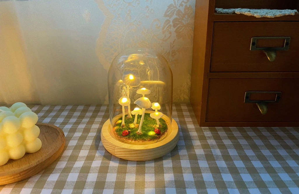 Lampe Champignon DIY – Verre et Bois, Décoration de Table Créative pour le Salon ou la Chambre
