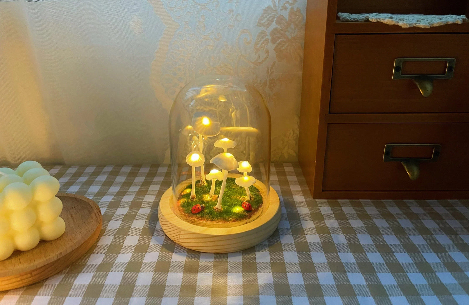 Lampe Champignon DIY – Verre et Bois, Décoration de Table Créative pour le Salon ou la Chambre