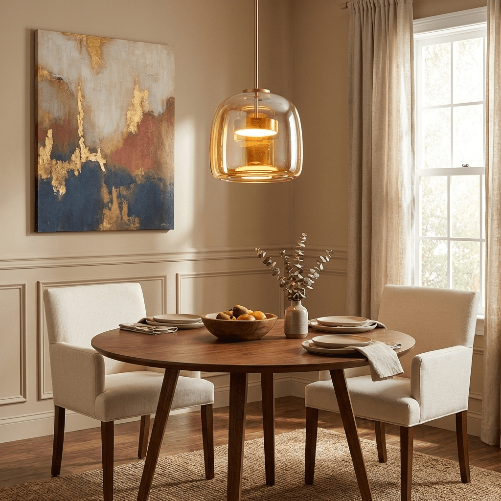 Suspension Verréa or et verre ambré au-dessus d’une table à manger