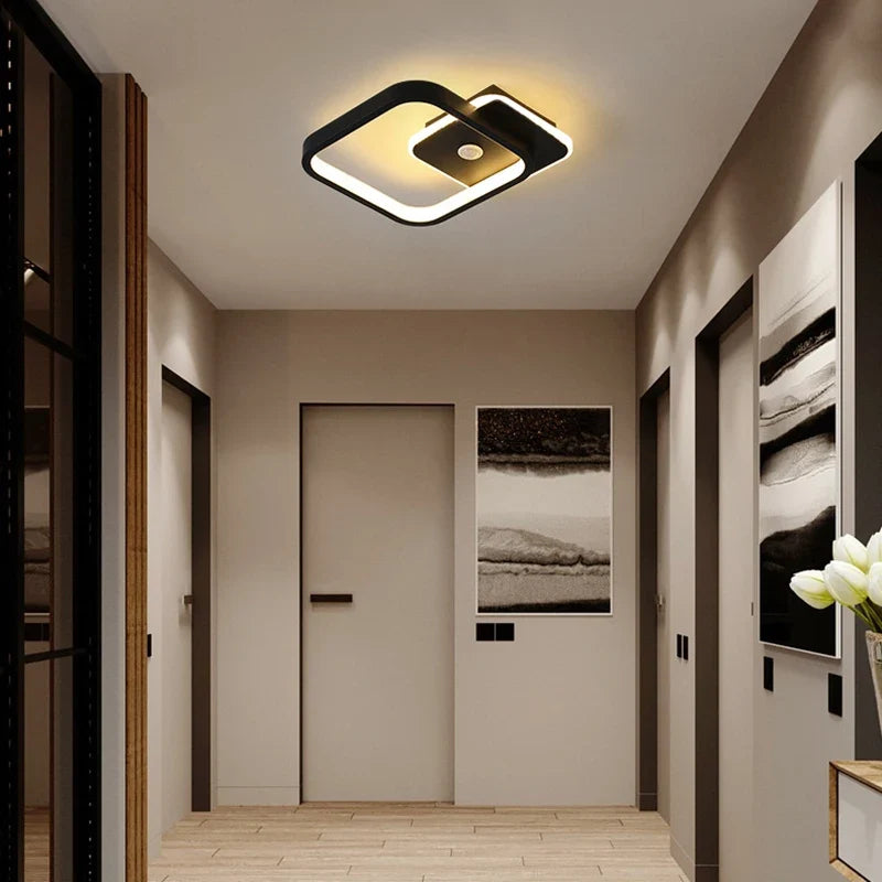 Plafonnier LED Moderne 9W-16W avec Détecteur de Mouvement PIR pour Couloir et Salon  carré noir