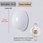 Schéma de l’applique Nacra en demi-globe, avec repères de dimensions et vue du support.