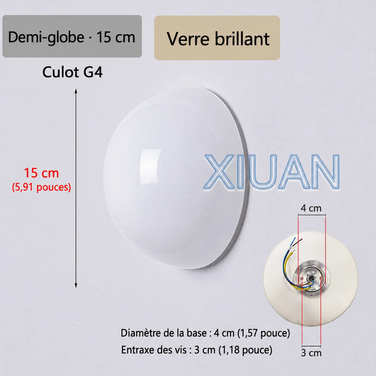 Schéma de l’applique Nacra en demi-globe, avec repères de dimensions et vue du support.