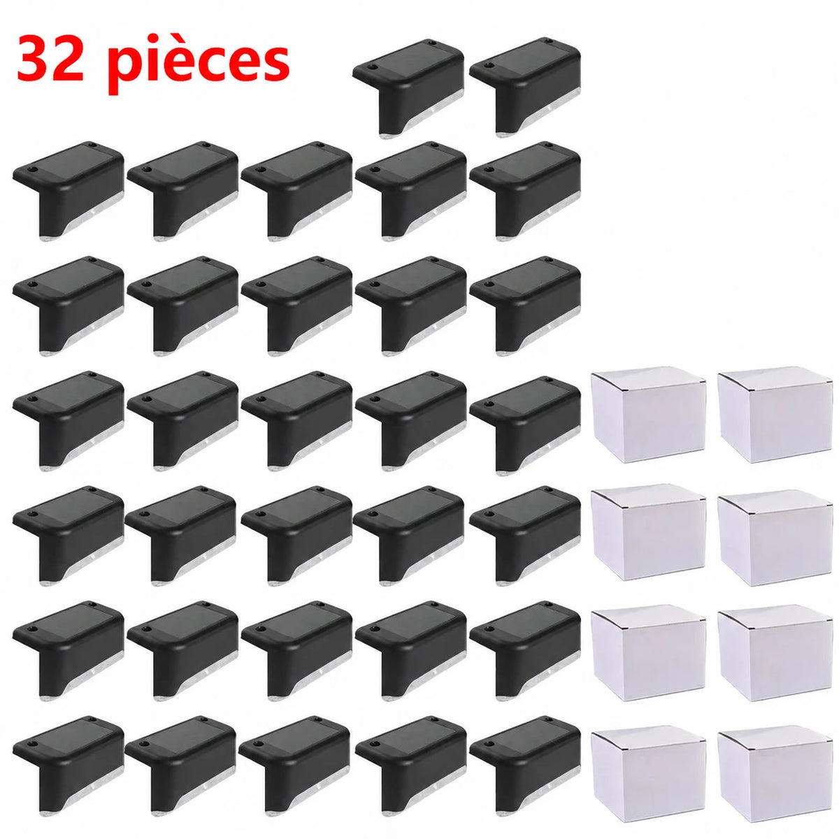 Montage de lampes Rivage noires et de boîtes blanches avec la mention 32 pièces.