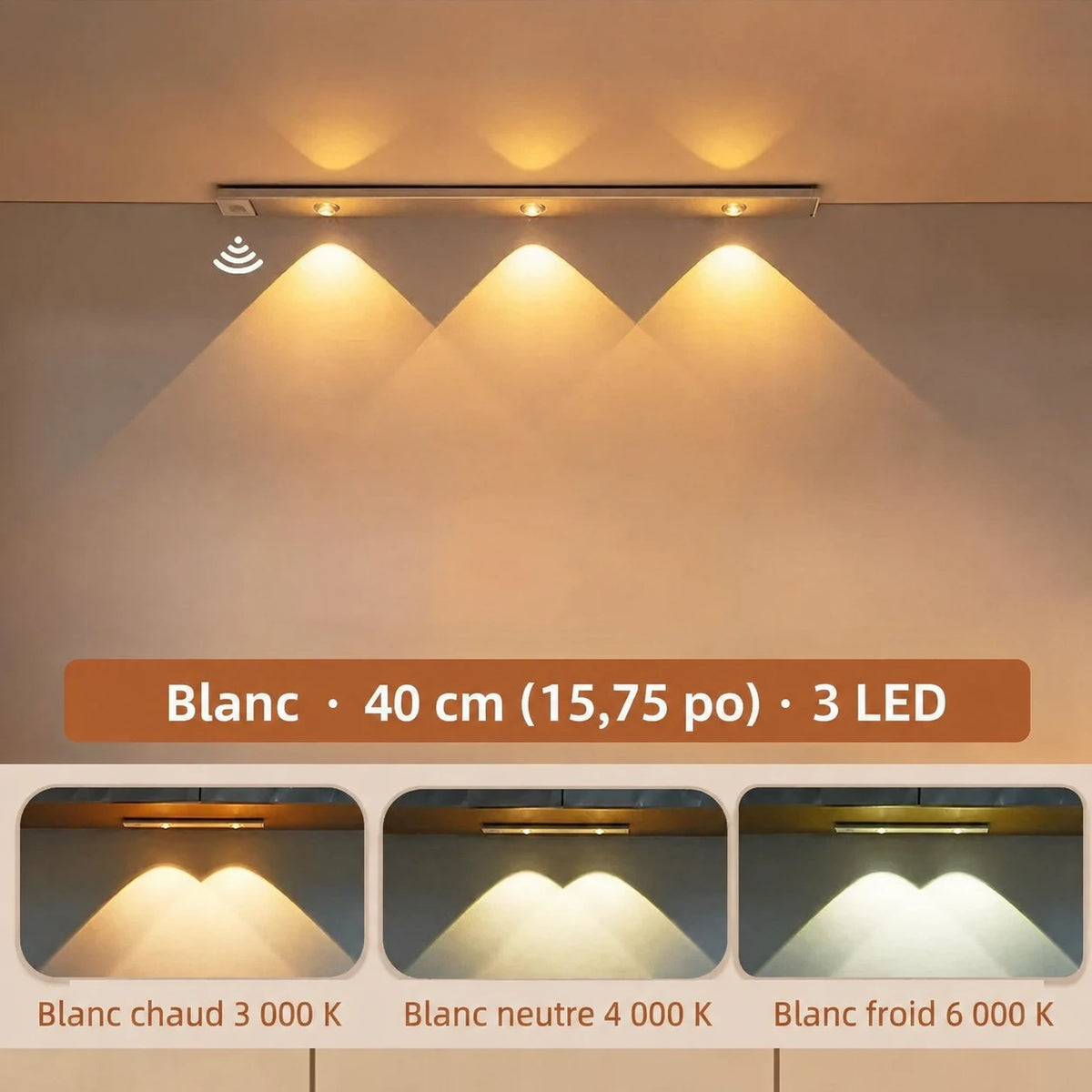 Barre LumiSous blanche allumée avec trois points lumineux et trois exemples de teintes de lumière.