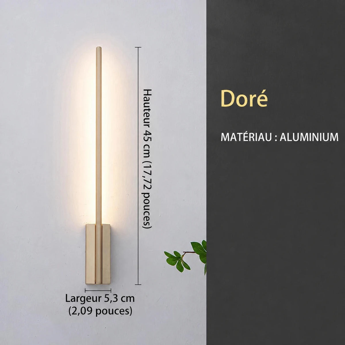 Applique Solenne dorée présentée avec repères de dimensions.