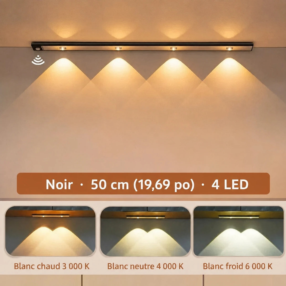 Barre LumiSous noire allumée avec quatre points lumineux et trois exemples de teintes de lumière.