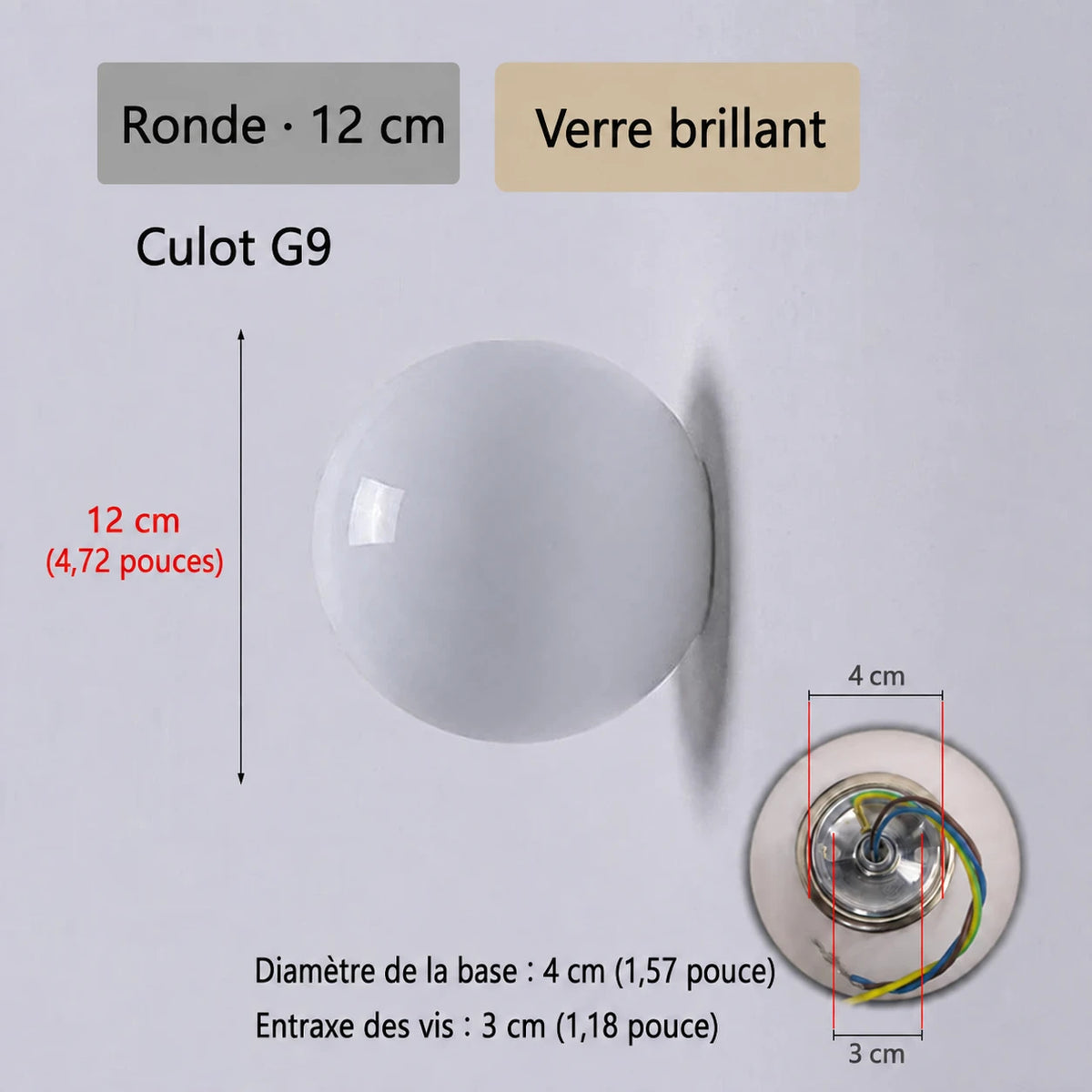 Schéma de l’applique Nacra ronde, avec repères de dimensions et vue du support.