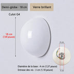 Schéma de l’applique Nacra en demi-globe, avec repères de dimensions et vue du support.