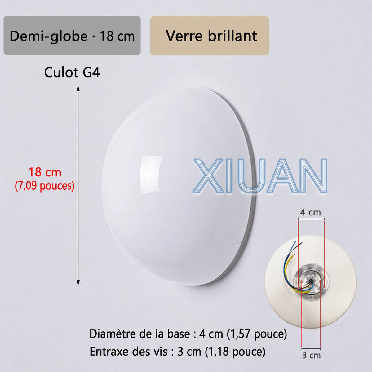 Schéma de l’applique Nacra en demi-globe, avec repères de dimensions et vue du support.