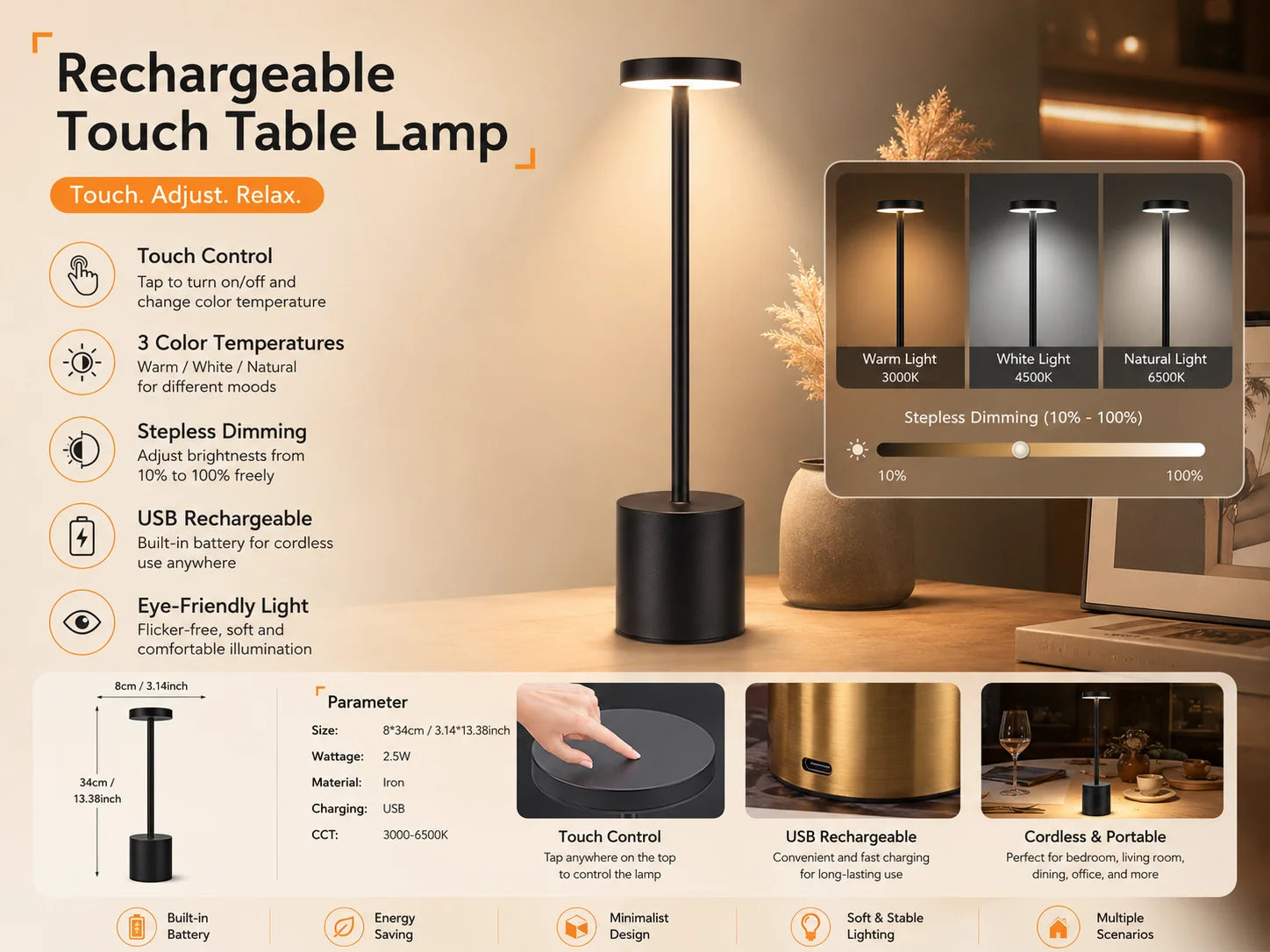Nolya | Lampe de table tactile rechargeable