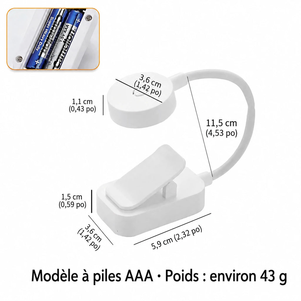 Schéma de la lampe Liseo Mini avec repères de dimensions et vue d’un compartiment à piles.