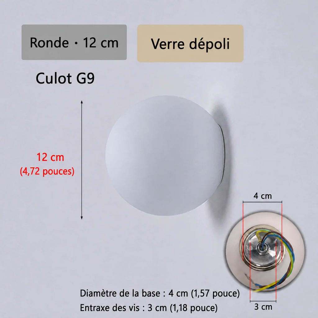 Schéma de l’applique Nacra ronde, avec repères de dimensions et vue du support.