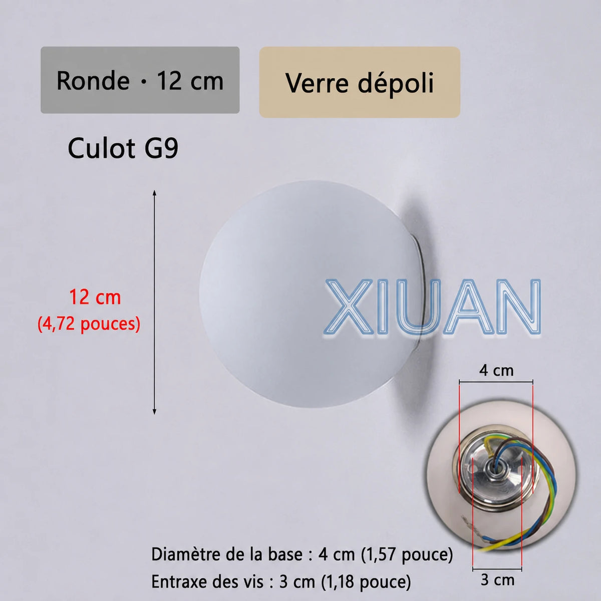 Schéma de l’applique Nacra ronde, avec repères de dimensions et vue du support.