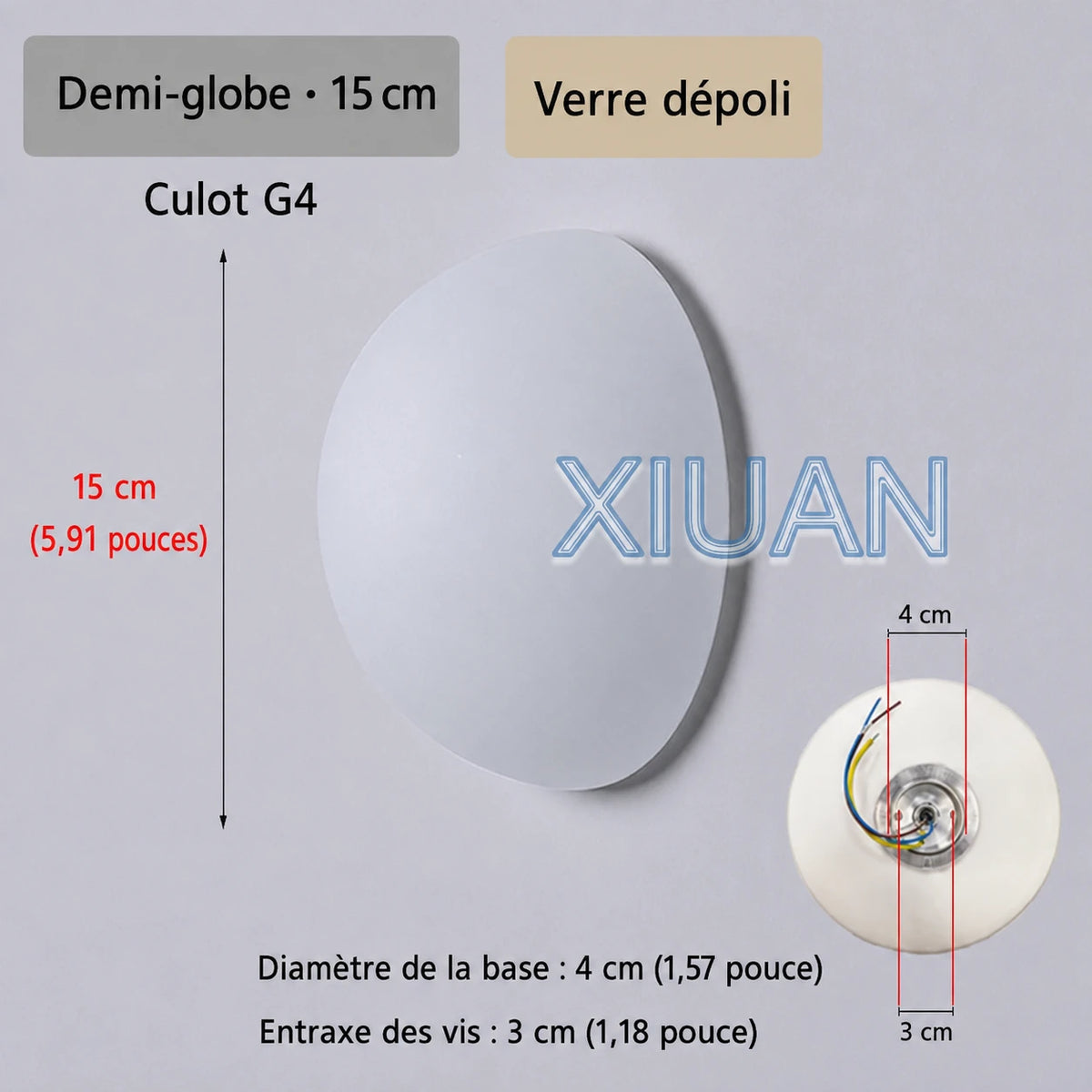 Schéma de l’applique Nacra en demi-globe, avec repères de dimensions et vue du support.