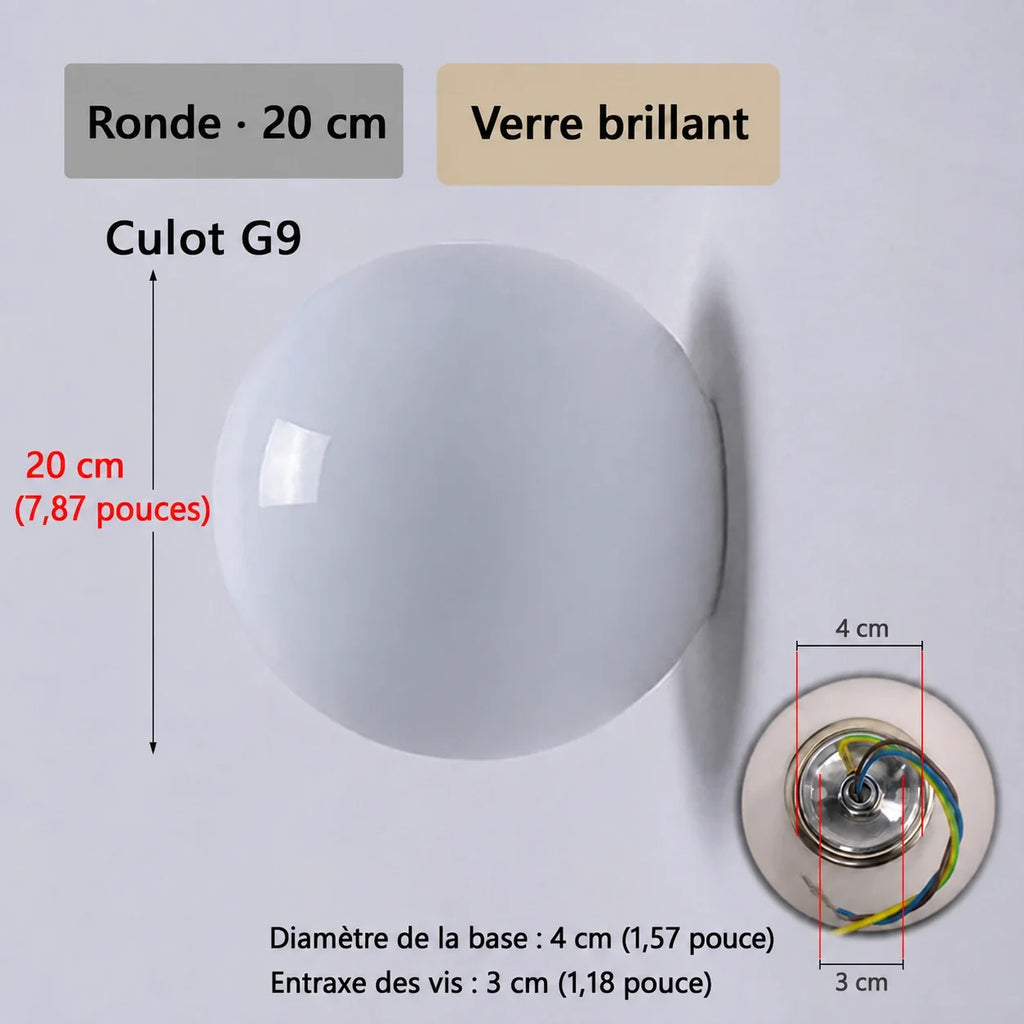 Schéma de l’applique Nacra ronde, avec repères de dimensions et vue du support.