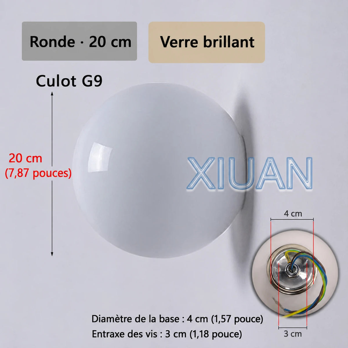 Schéma de l’applique Nacra ronde, avec repères de dimensions et vue du support.