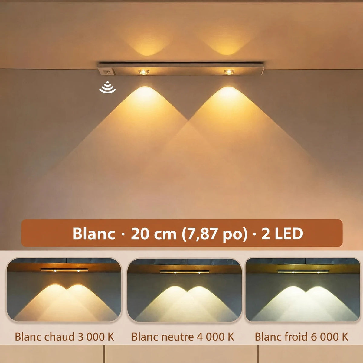 Barre LumiSous blanche allumée avec deux points lumineux et trois exemples de teintes de lumière.