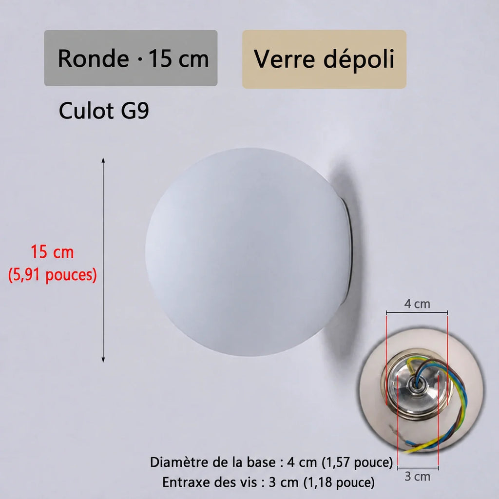 Schéma de l’applique Nacra ronde, avec repères de dimensions et vue du support.