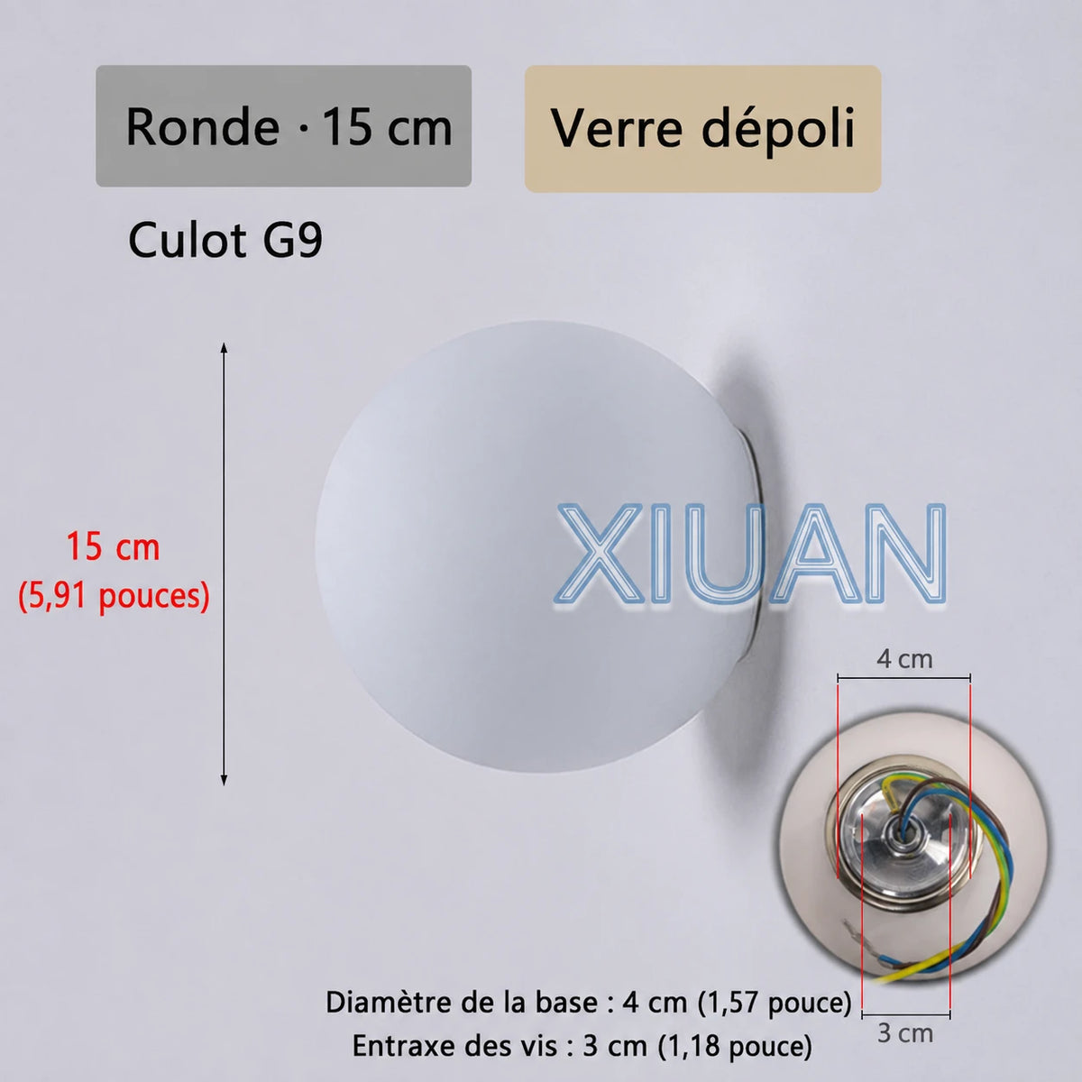 Schéma de l’applique Nacra ronde, avec repères de dimensions et vue du support.