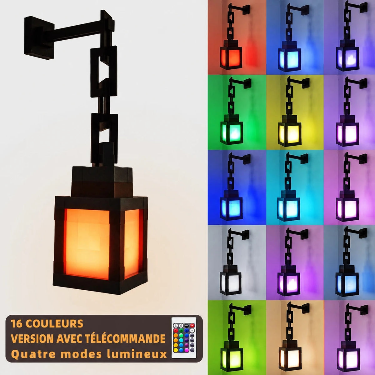 Montage de la lanterne Pixelia suspendue avec des exemples de lumières colorées et une télécommande.