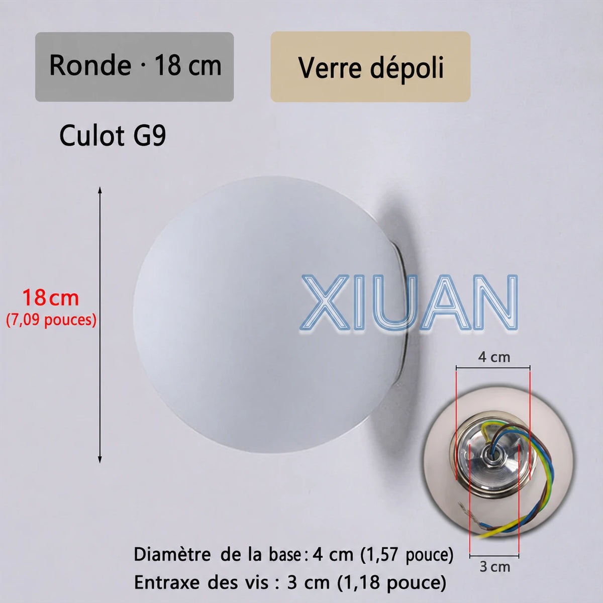 Schéma de l’applique Nacra ronde, avec repères de dimensions et vue du support.