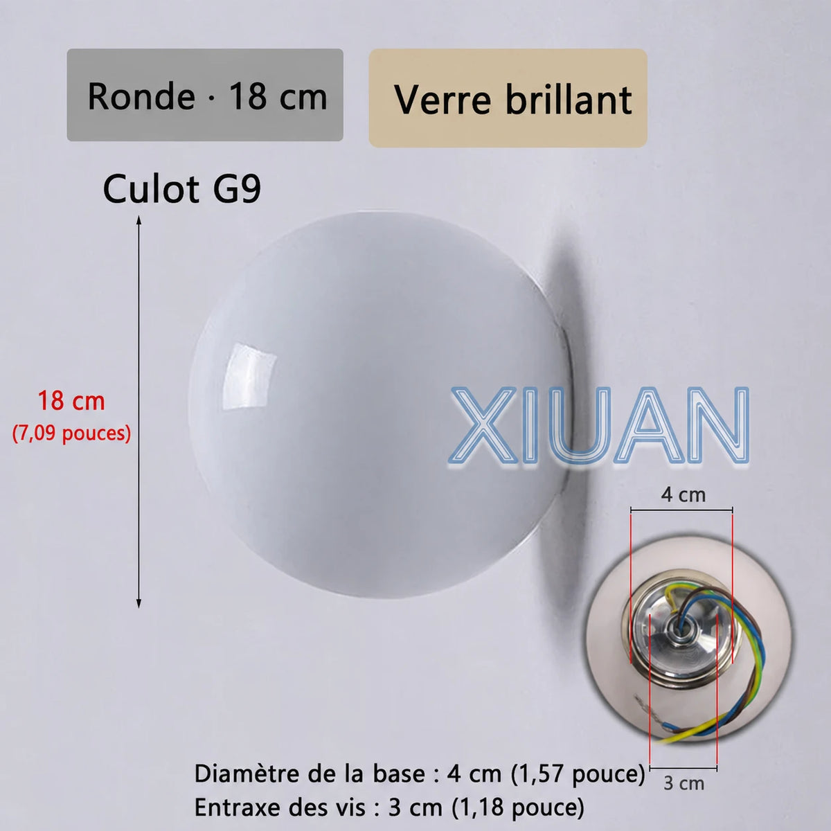 Schéma de l’applique Nacra ronde, avec repères de dimensions et vue du support.