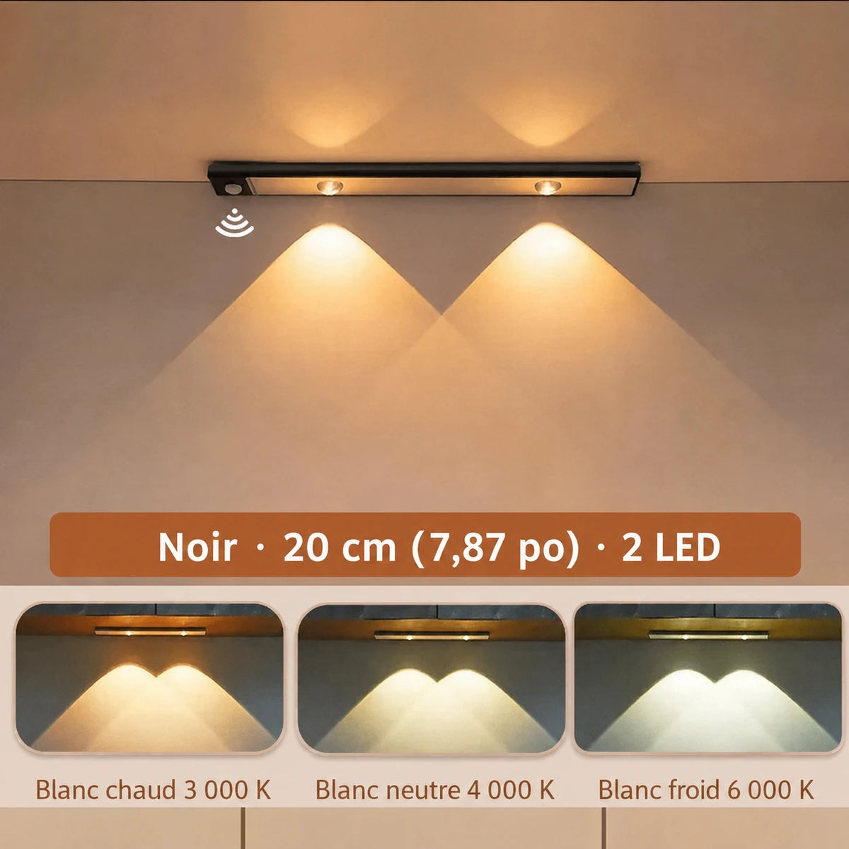 Barre LumiSous noire allumée avec deux points lumineux et trois exemples de teintes de lumière.