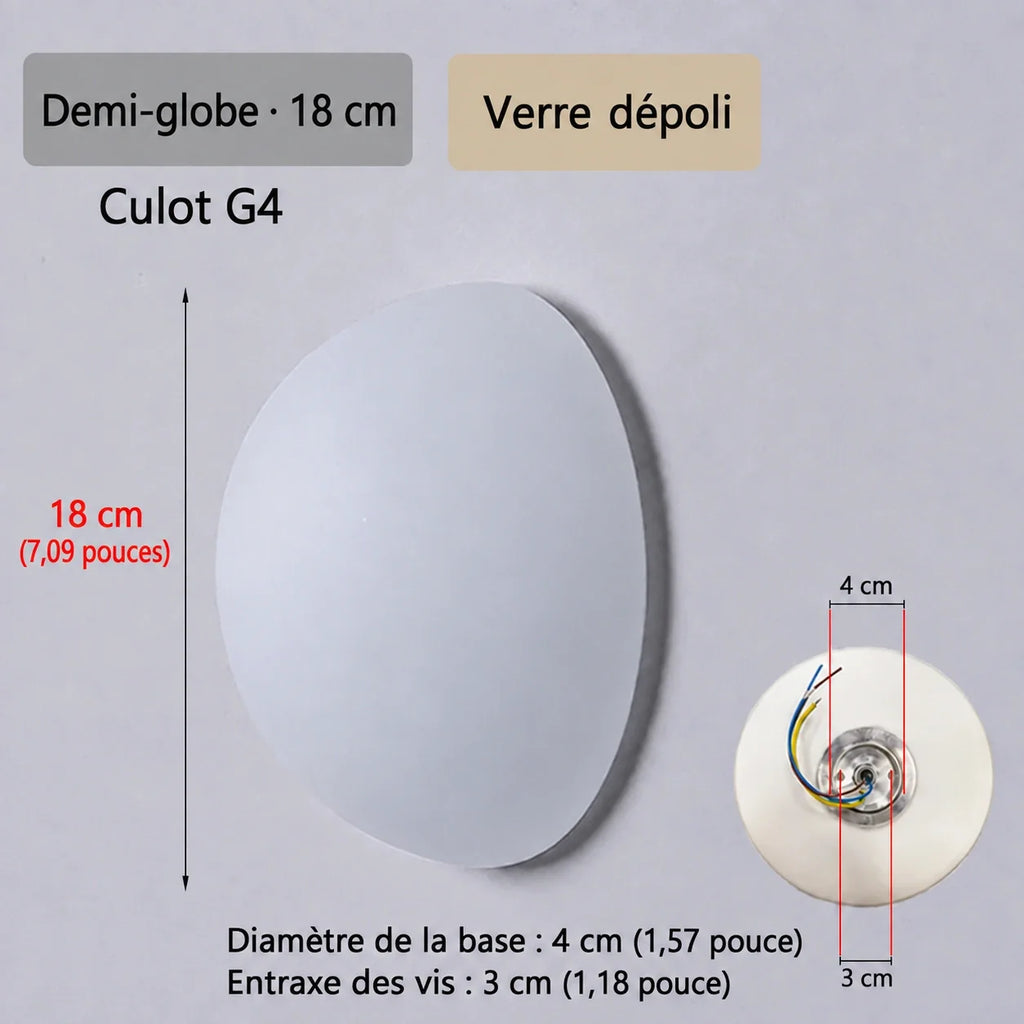 Schéma de l’applique Nacra en demi-globe, avec repères de dimensions et vue du support.