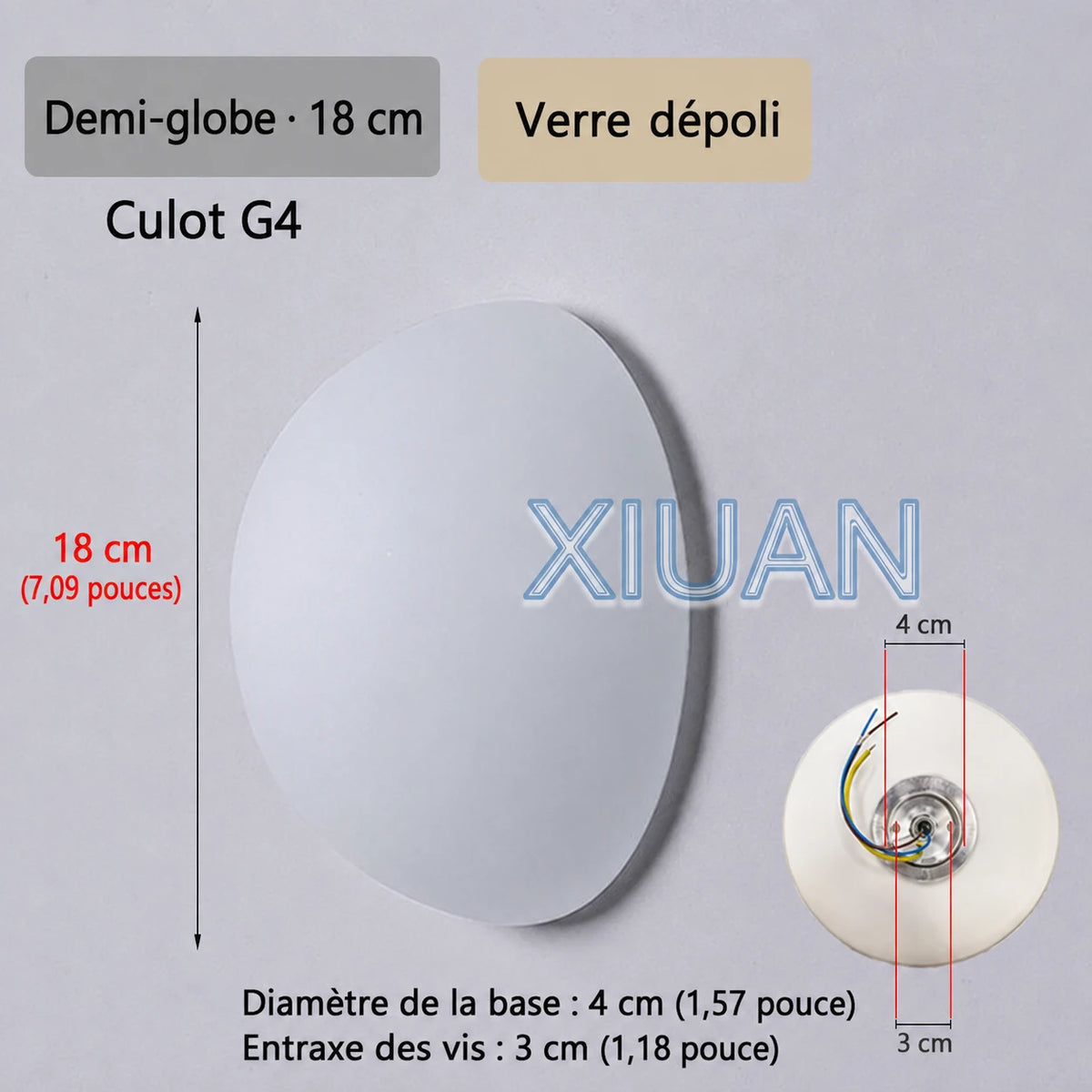 Schéma de l’applique Nacra en demi-globe, avec repères de dimensions et vue du support.
