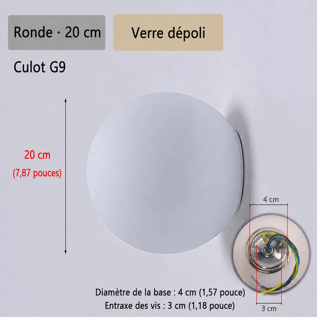 Schéma de l’applique Nacra ronde, avec repères de dimensions et vue du support.