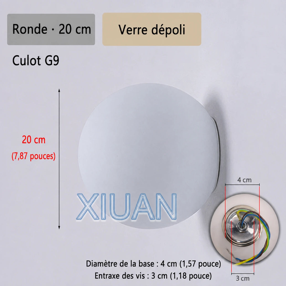 Schéma de l’applique Nacra ronde, avec repères de dimensions et vue du support.