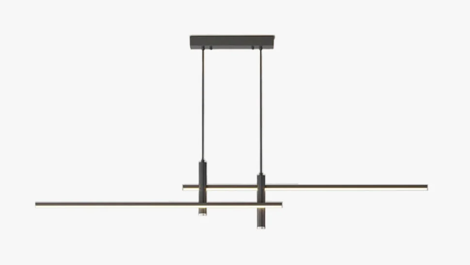 Suspension Linéva noire, vue entière de face avec rosace, deux suspentes et éléments linéaires.