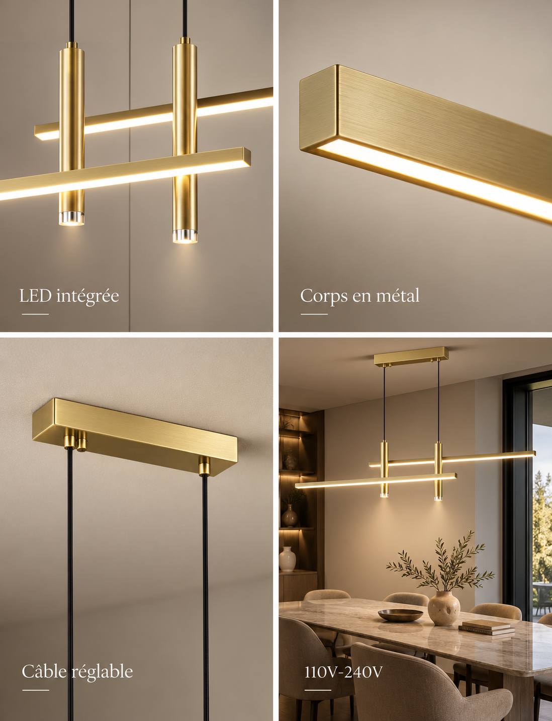 Quatre détails de la suspension Linéva Or Champagne : barres lumineuses, corps, câble et fixation.