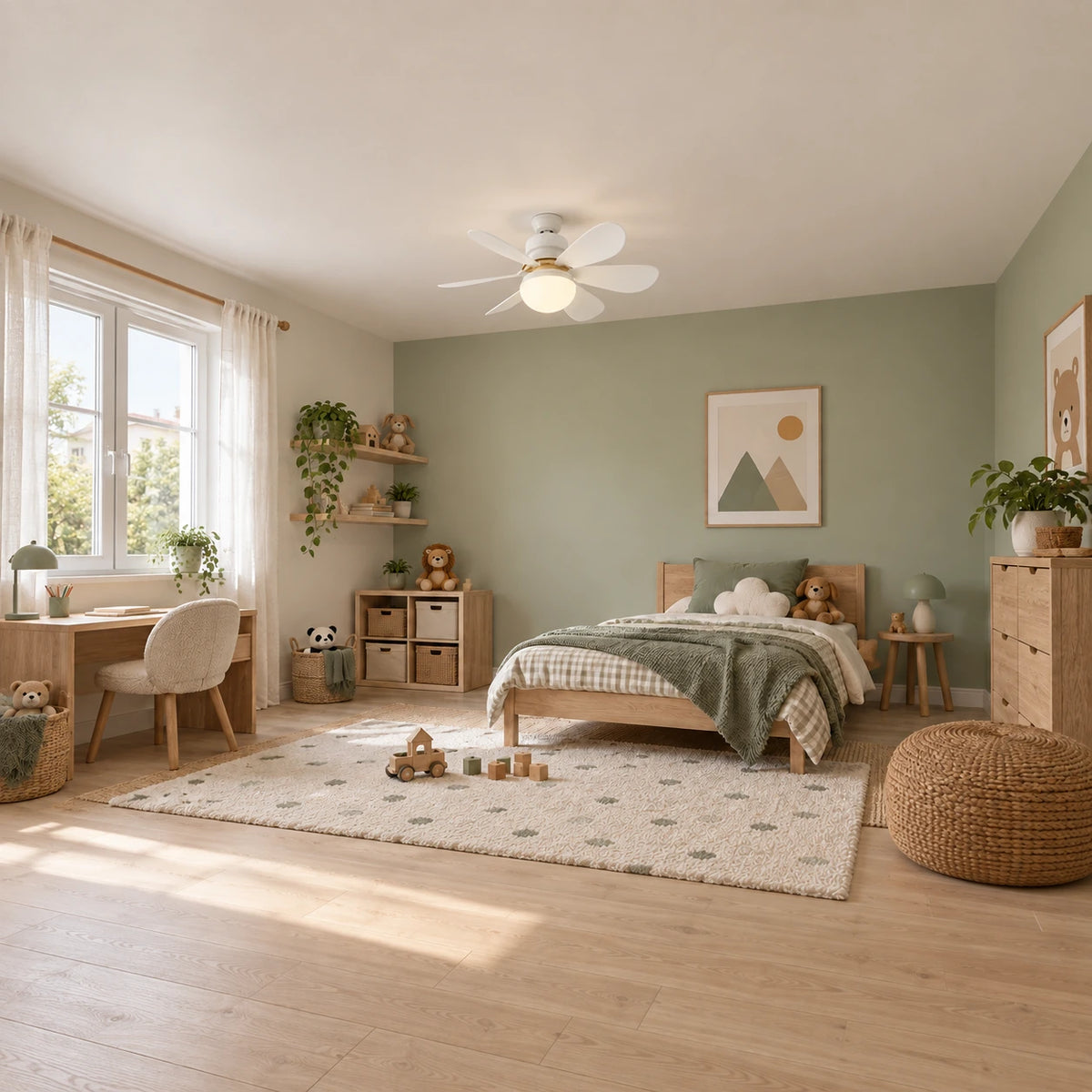 Mise en scène illustrative d’AeroLight blanc au plafond d’une chambre d’enfant vert sauge