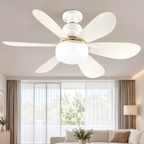 AeroVent — ventilateur plafonnier blanc à six pales, dans un intérieur lumineux.