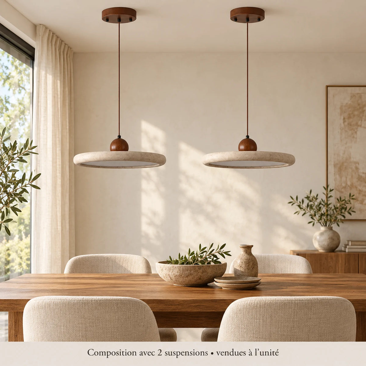 Amande — Composition décorative créée à partir des références du modèle, avec deux unités vendues séparément. Mise en situation virtuelle, sans démonstration de fonctionnement ; décor non inclus.