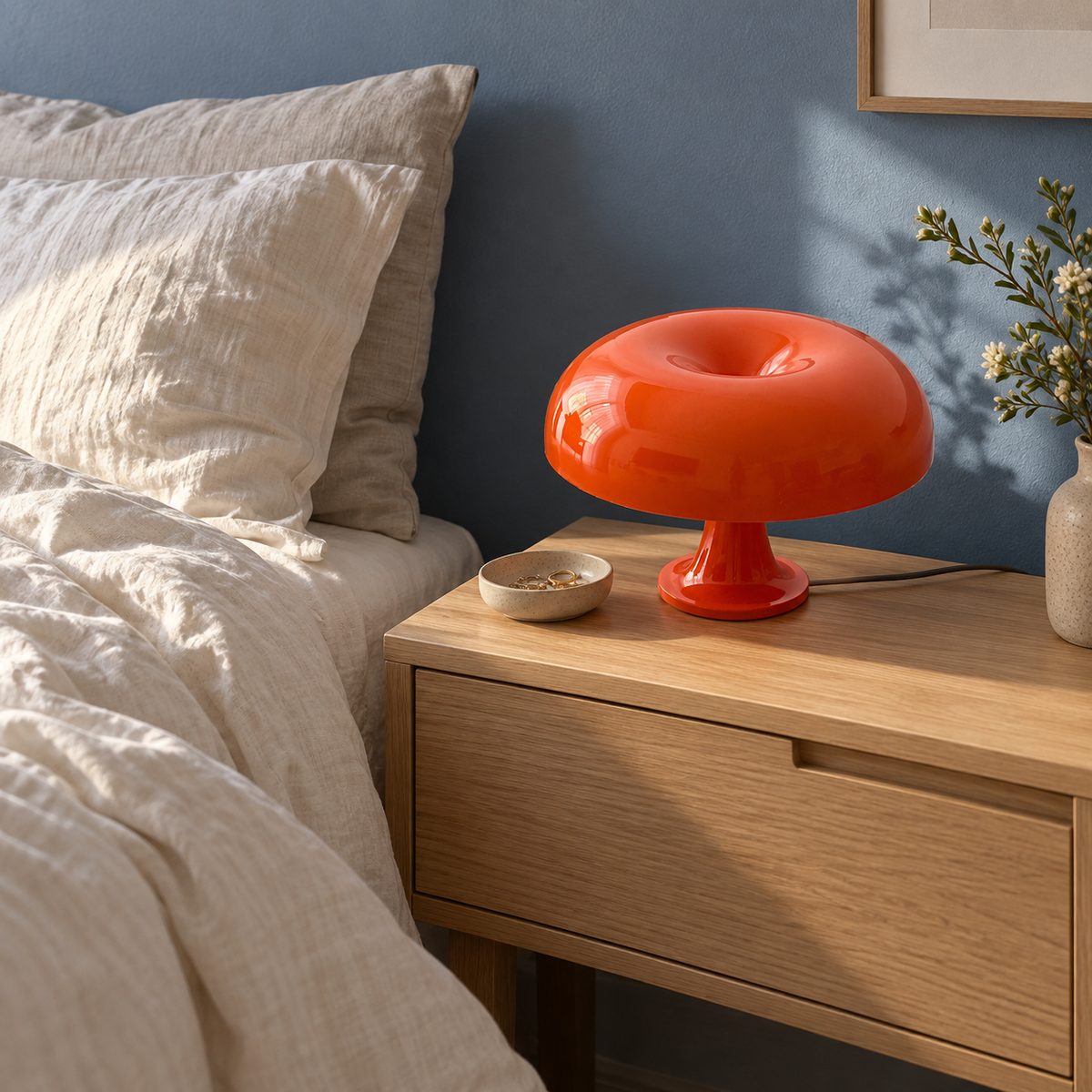 Lampe de table circulaire Orange — mise en scène générée : chambre