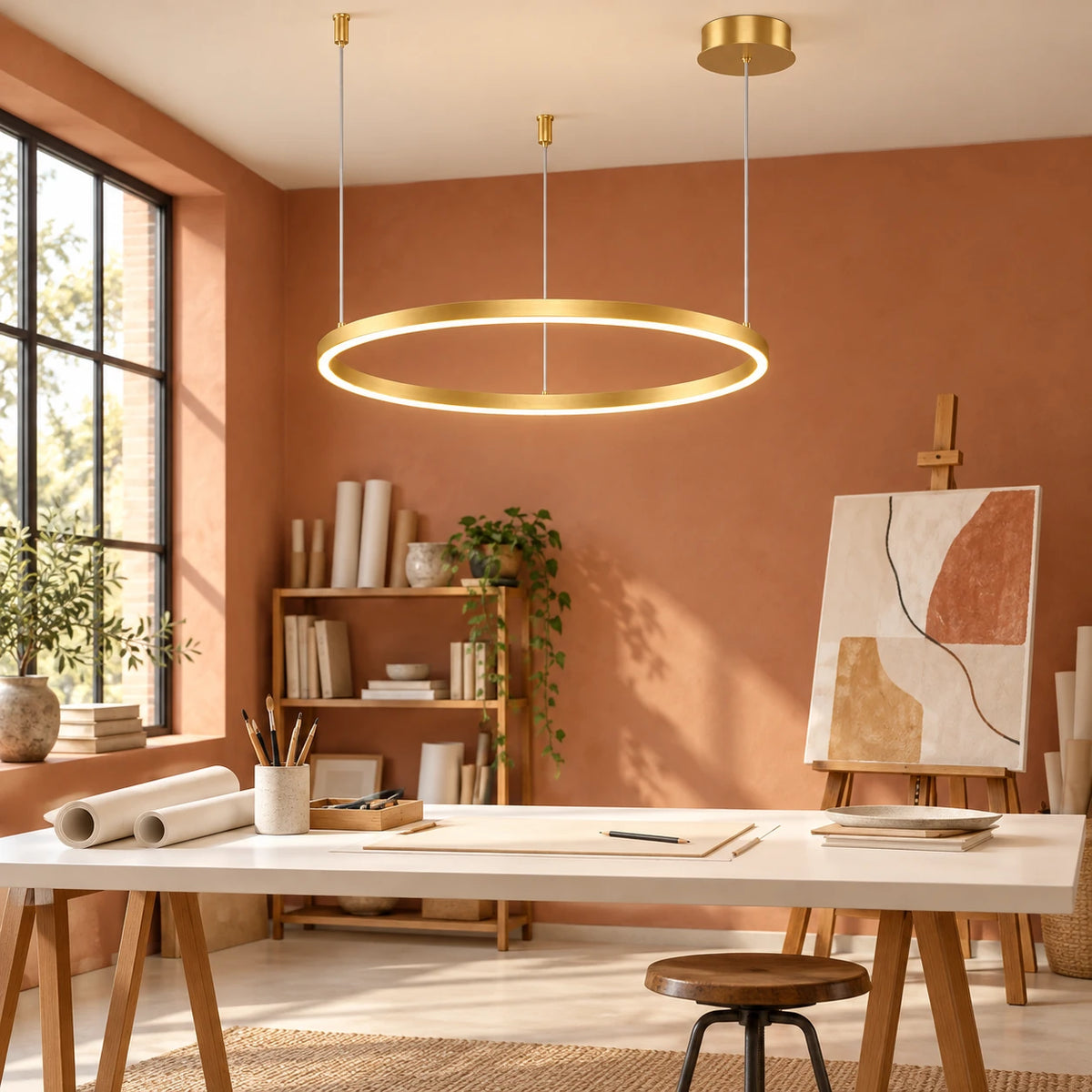 Suspension à un anneau doré dans un atelier créatif.