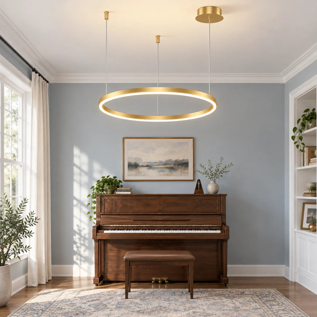 Suspension à un anneau doré dans une pièce avec piano.