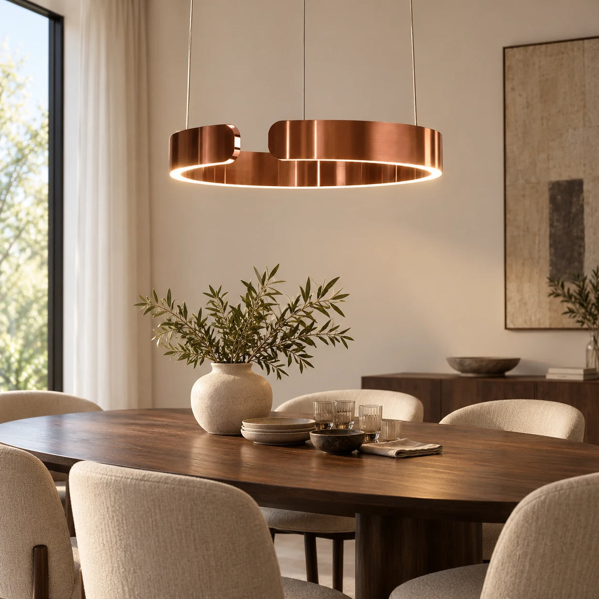 Suspension à un anneau ouvert cuivré au-dessus d’une table en noyer.