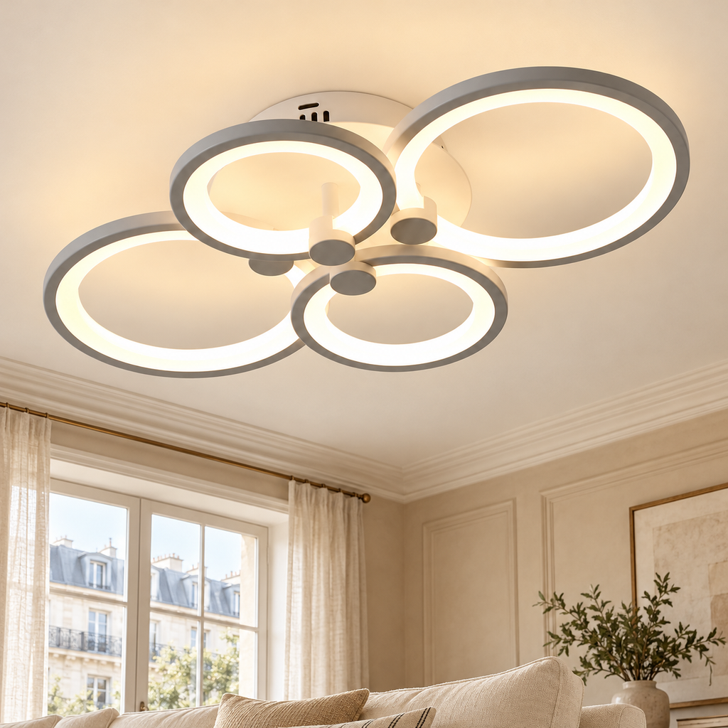 Plafonnier gris argent à quatre anneaux dans un décor salon sable