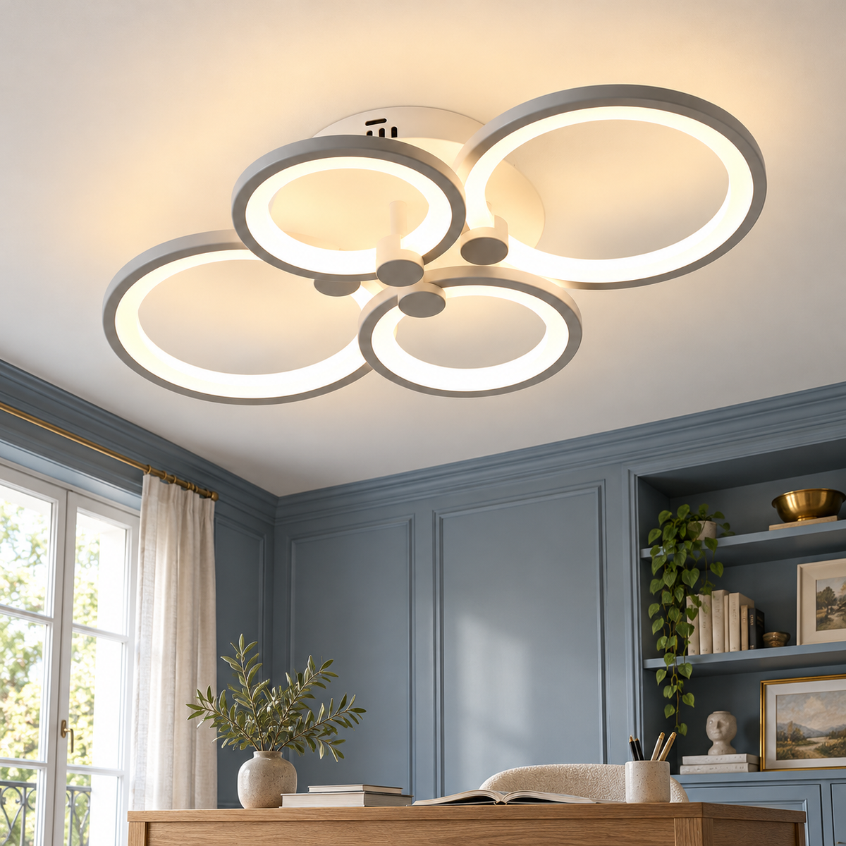 Plafonnier gris argent à quatre anneaux dans un décor bureau bleu