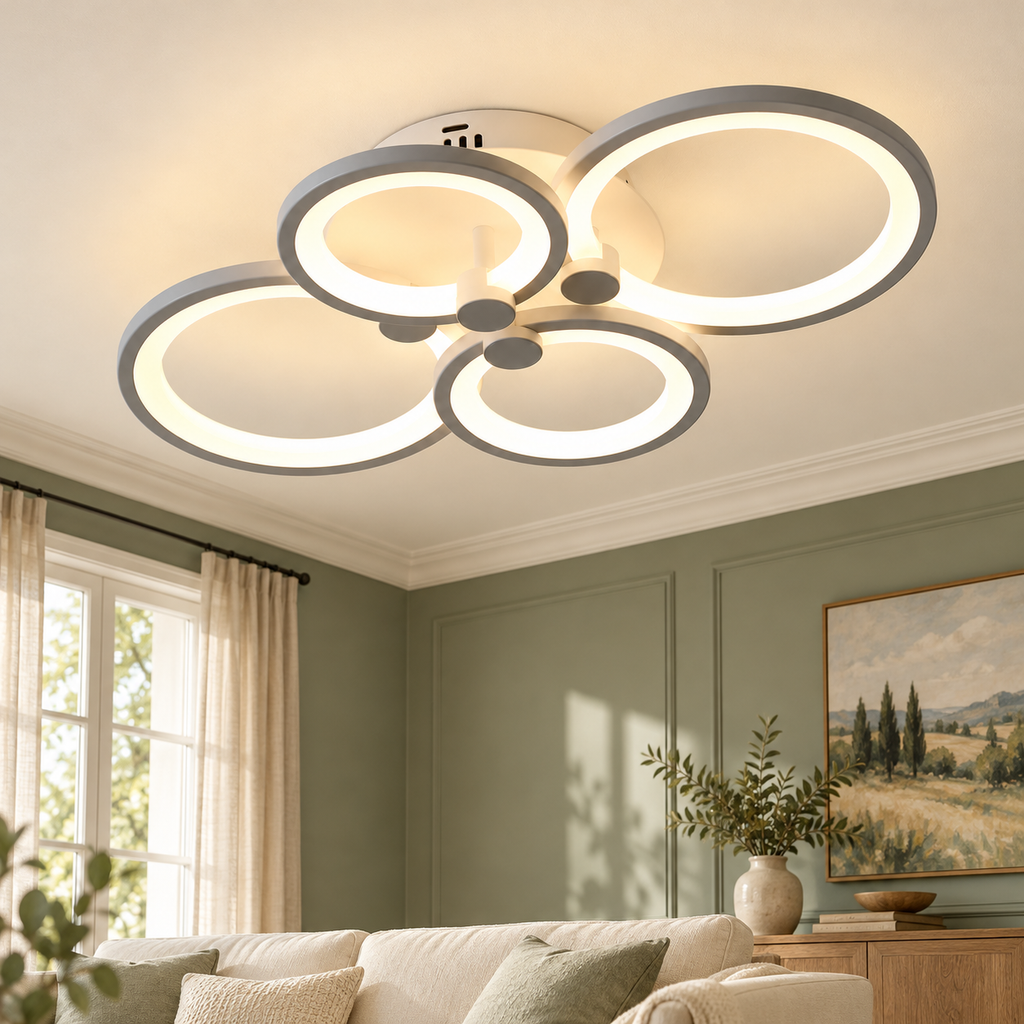Plafonnier gris argent à quatre anneaux dans un décor salon vert