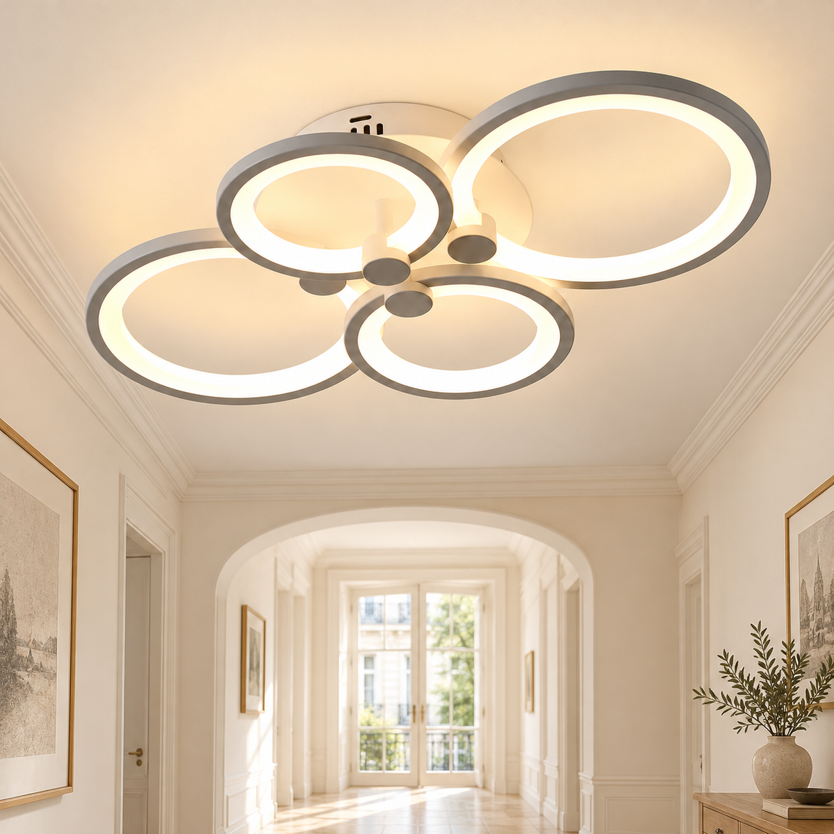 Plafonnier gris argent à quatre anneaux dans un décor couloir pierre