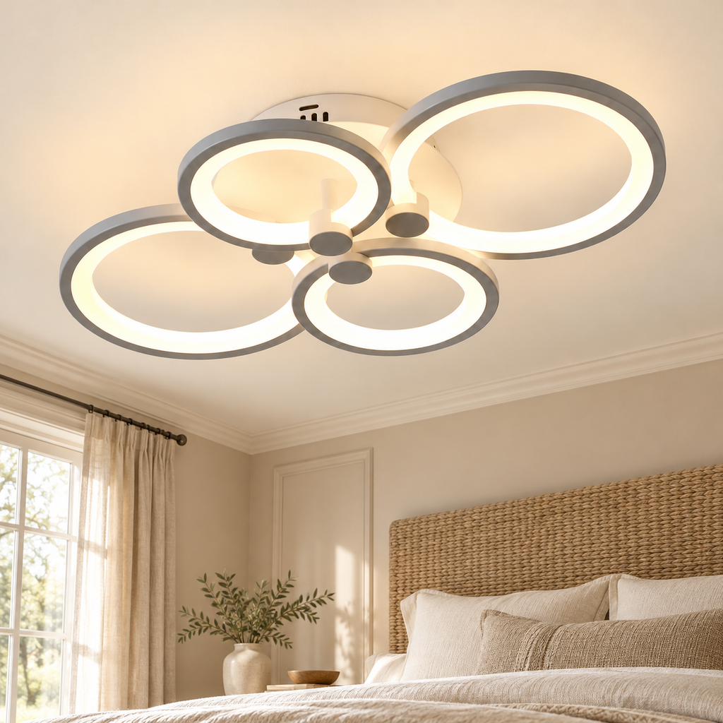 Plafonnier gris argent à quatre anneaux dans un décor chambre beige